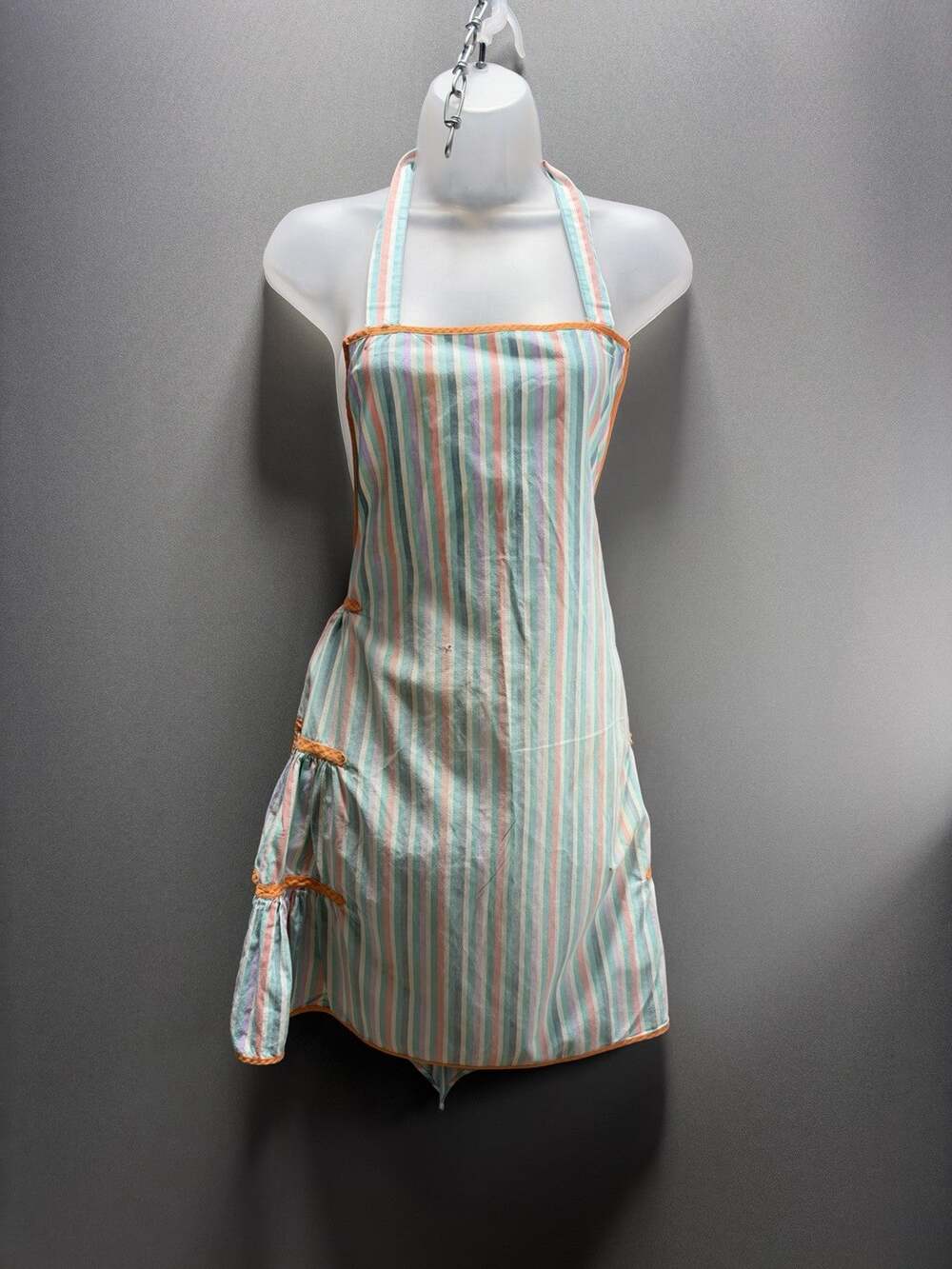 Pastel Stripe Ruffle Bib Apron Orange Trim Cottagecore Kitchen Repair Craft
